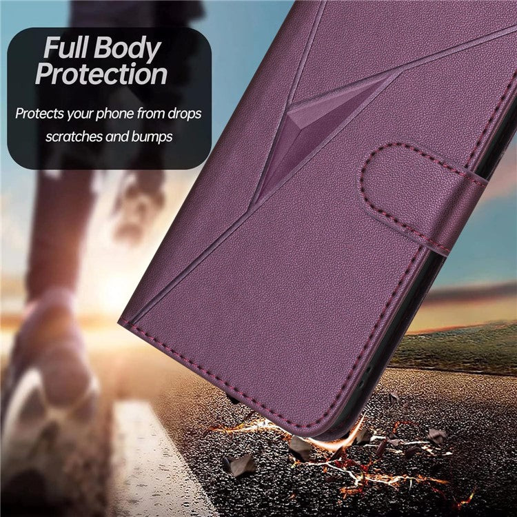 YX0090 For Xiaomi Poco C75 4G / Redmi 14R 5G / 14C 4G Case Triangle Imprint Leather Phone Cover with Lanyard - Dark Purple