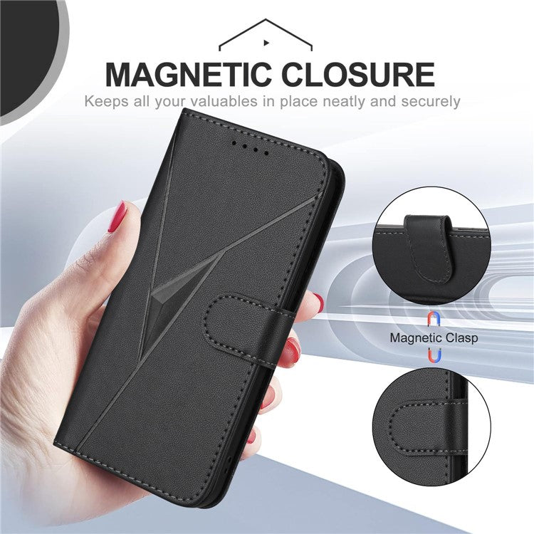 YX0090 For Xiaomi Poco C75 4G / Redmi 14R 5G / 14C 4G Case Triangle Imprint Leather Phone Cover with Lanyard - Black