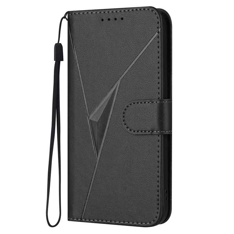 YX0090 For Xiaomi Poco C75 4G / Redmi 14R 5G / 14C 4G Case Triangle Imprint Leather Phone Cover with Lanyard - Black