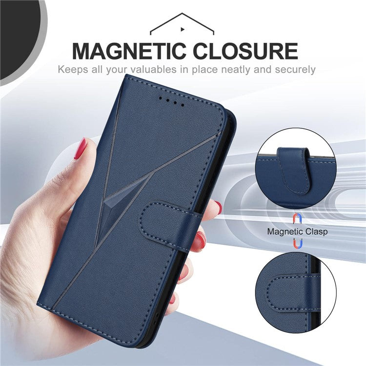 YX0090 For Xiaomi Poco C75 4G / Redmi 14R 5G / 14C 4G Case Triangle Imprint Leather Phone Cover with Lanyard - Sapphire