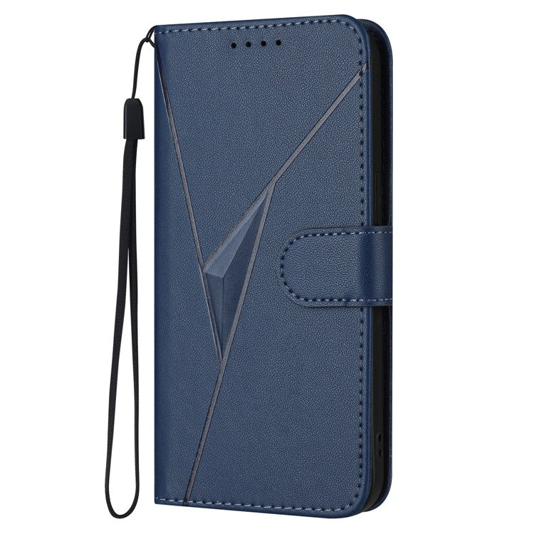 YX0090 For Xiaomi Poco C75 4G / Redmi 14R 5G / 14C 4G Case Triangle Imprint Leather Phone Cover with Lanyard - Sapphire