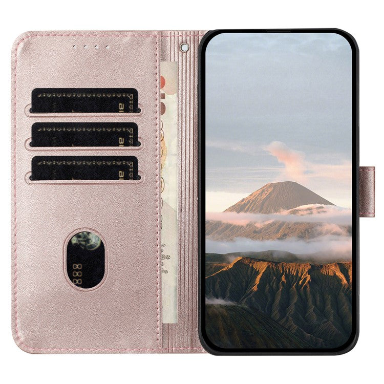 YX0090 For Xiaomi Poco C75 4G / Redmi 14R 5G / 14C 4G Case Triangle Imprint Leather Phone Cover with Lanyard - Rose Gold