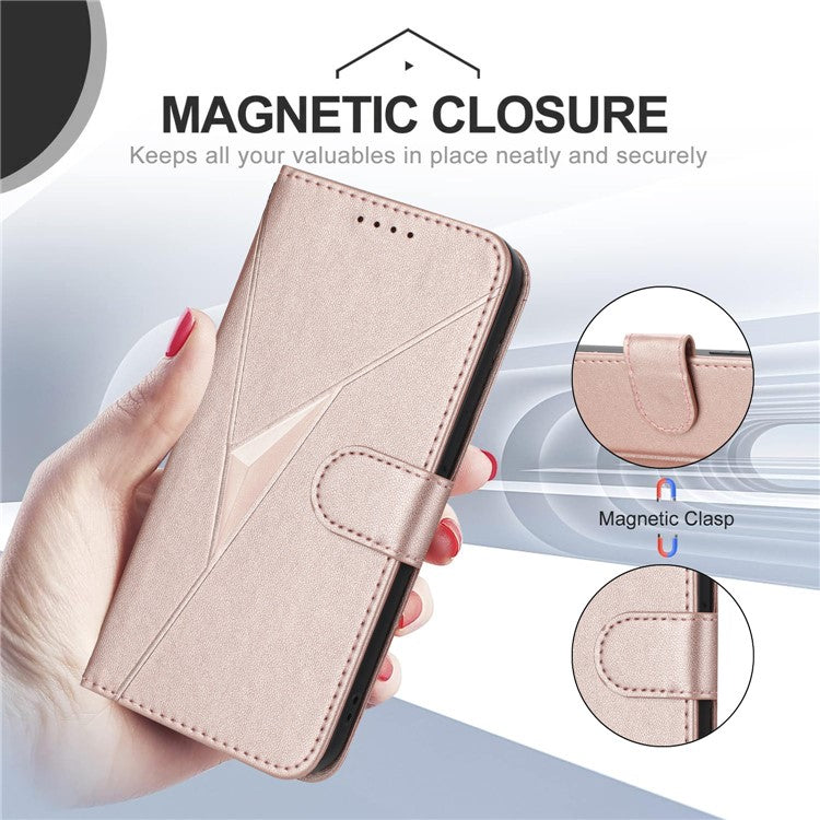 YX0090 For Xiaomi Poco C75 4G / Redmi 14R 5G / 14C 4G Case Triangle Imprint Leather Phone Cover with Lanyard - Rose Gold