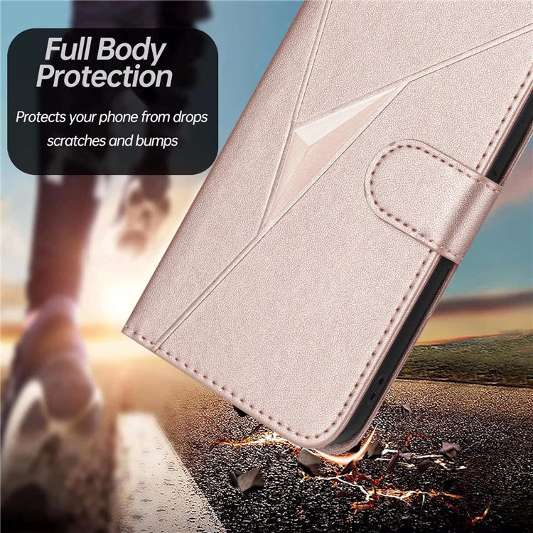 YX0090 For Xiaomi Poco C75 4G / Redmi 14R 5G / 14C 4G Case Triangle Imprint Leather Phone Cover with Lanyard - Rose Gold