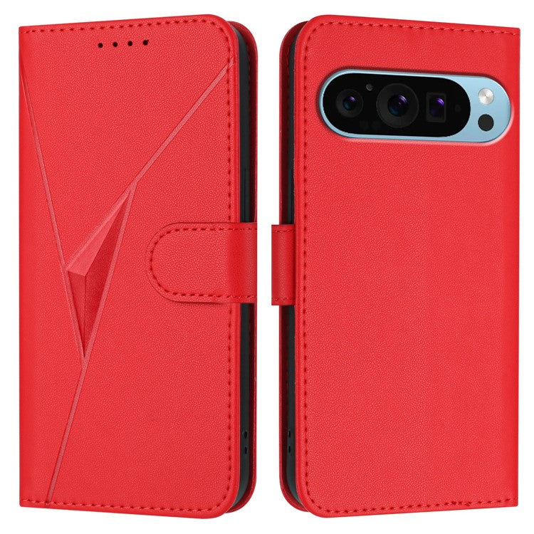 For Google Pixel 9 Pro / Pixel 9 Case Triangle Imprint Leather Phone Cover with Lanyard - Red