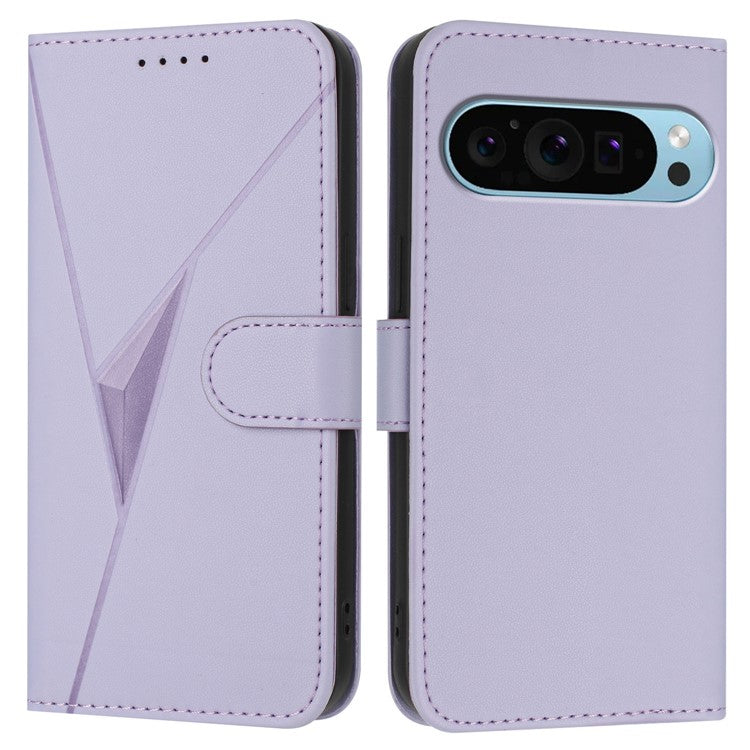 For Google Pixel 9 Pro / Pixel 9 Case Triangle Imprint Leather Phone Cover with Lanyard - Light Purple