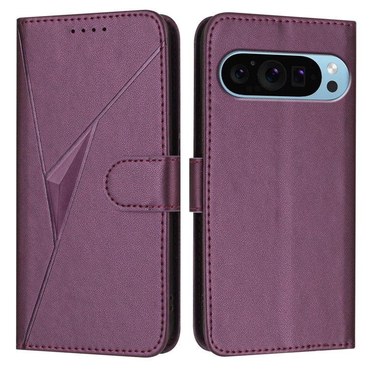 For Google Pixel 9 Pro / Pixel 9 Case Triangle Imprint Leather Phone Cover with Lanyard - Dark Purple