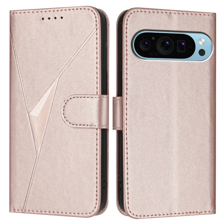 For Google Pixel 9 Pro / Pixel 9 Case Triangle Imprint Leather Phone Cover with Lanyard - Rose Gold