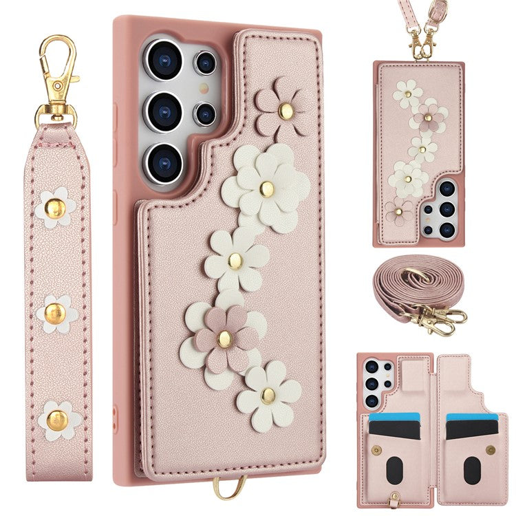 SY-001 For Samsung Galaxy S25 Ultra Case Card Slots Leather Coated TPU Flower Phone Cover - Rose Gold