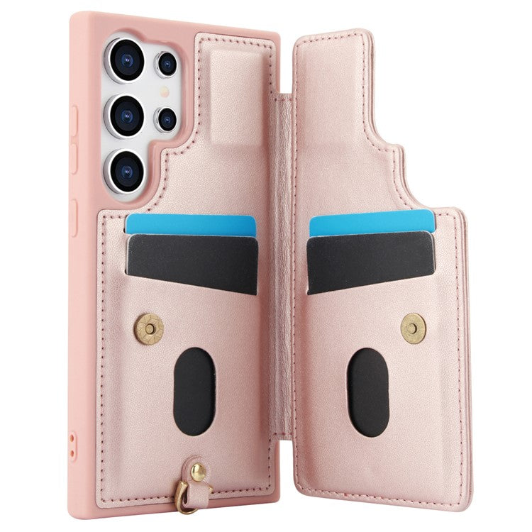 SY-001 For Samsung Galaxy S25 Ultra Case Card Slots Leather Coated TPU Flower Phone Cover - Rose Gold