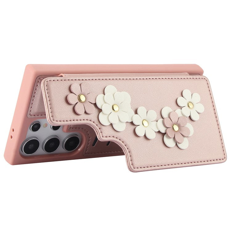 SY-001 For Samsung Galaxy S25 Ultra Case Card Slots Leather Coated TPU Flower Phone Cover - Rose Gold