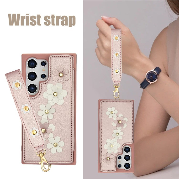 SY-001 For Samsung Galaxy S25 Ultra Case Card Slots Leather Coated TPU Flower Phone Cover - Rose Gold