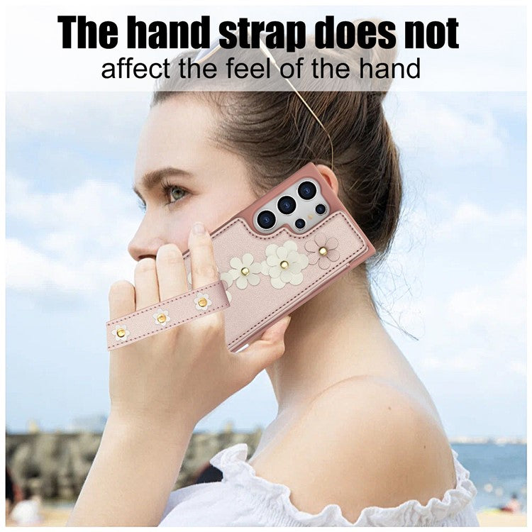 SY-001 For Samsung Galaxy S25 Ultra Case Card Slots Leather Coated TPU Flower Phone Cover - Rose Gold