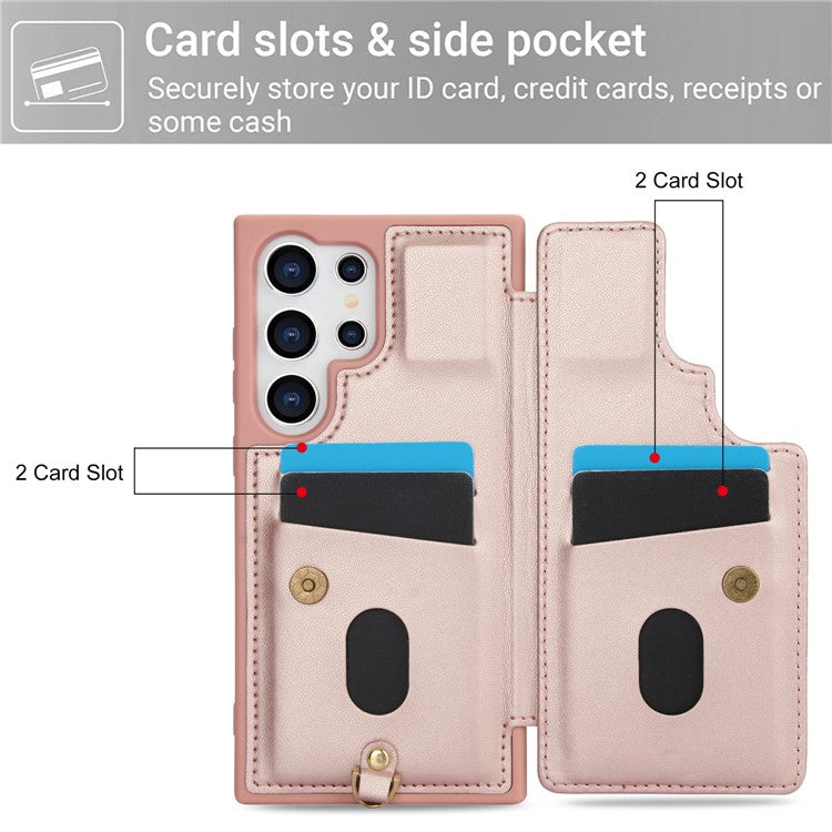 SY-001 For Samsung Galaxy S25 Ultra Case Card Slots Leather Coated TPU Flower Phone Cover - Rose Gold