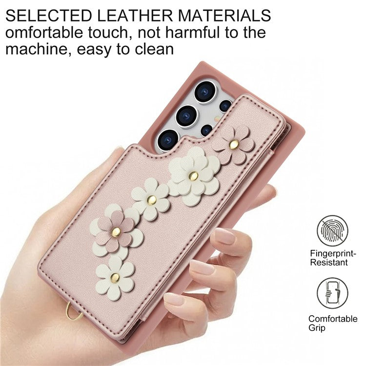 SY-001 For Samsung Galaxy S25 Ultra Case Card Slots Leather Coated TPU Flower Phone Cover - Rose Gold