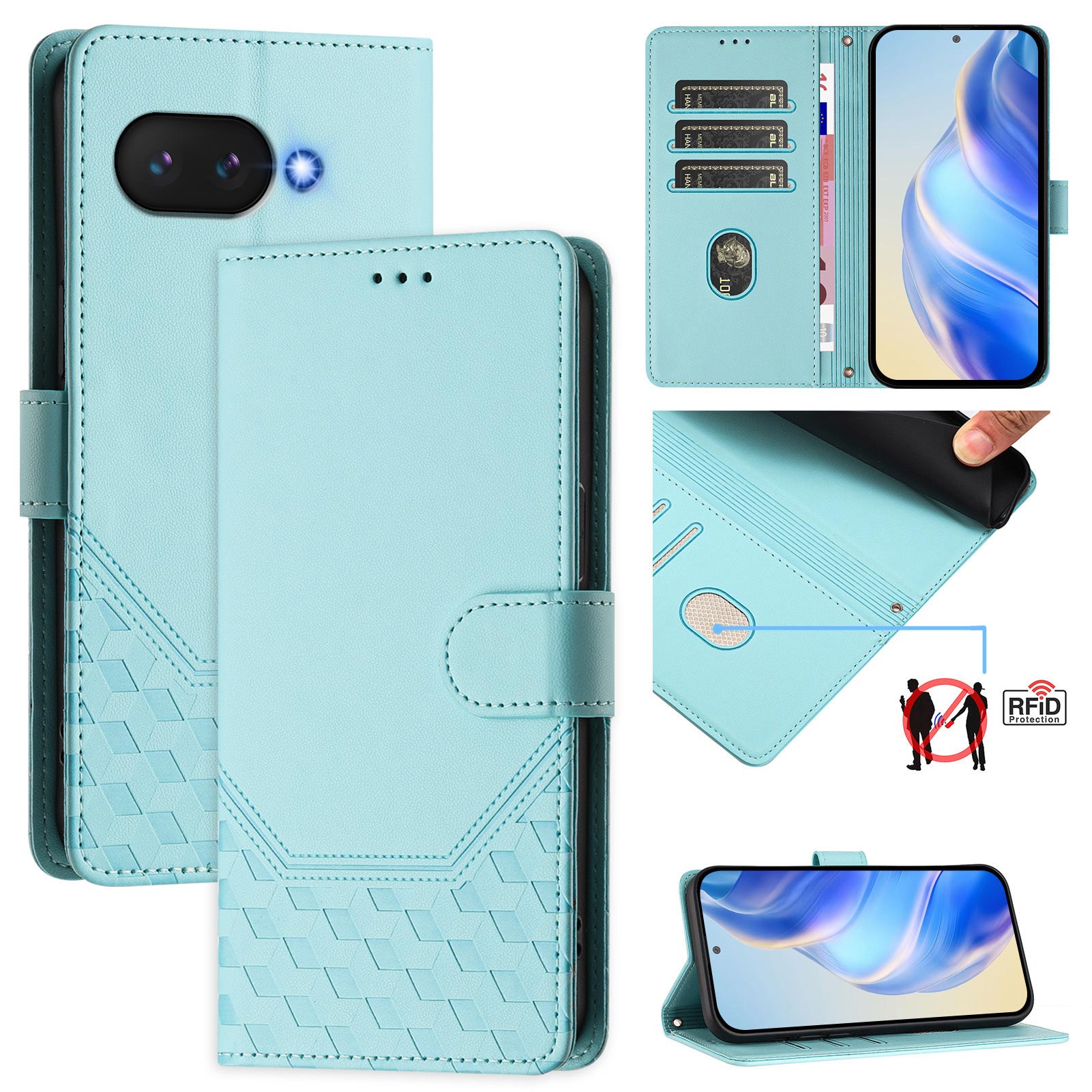 For Google Pixel 9a Case Imprinted Honeycomb RFID Blocking Leather Phone Cover with Strap - Mint Green