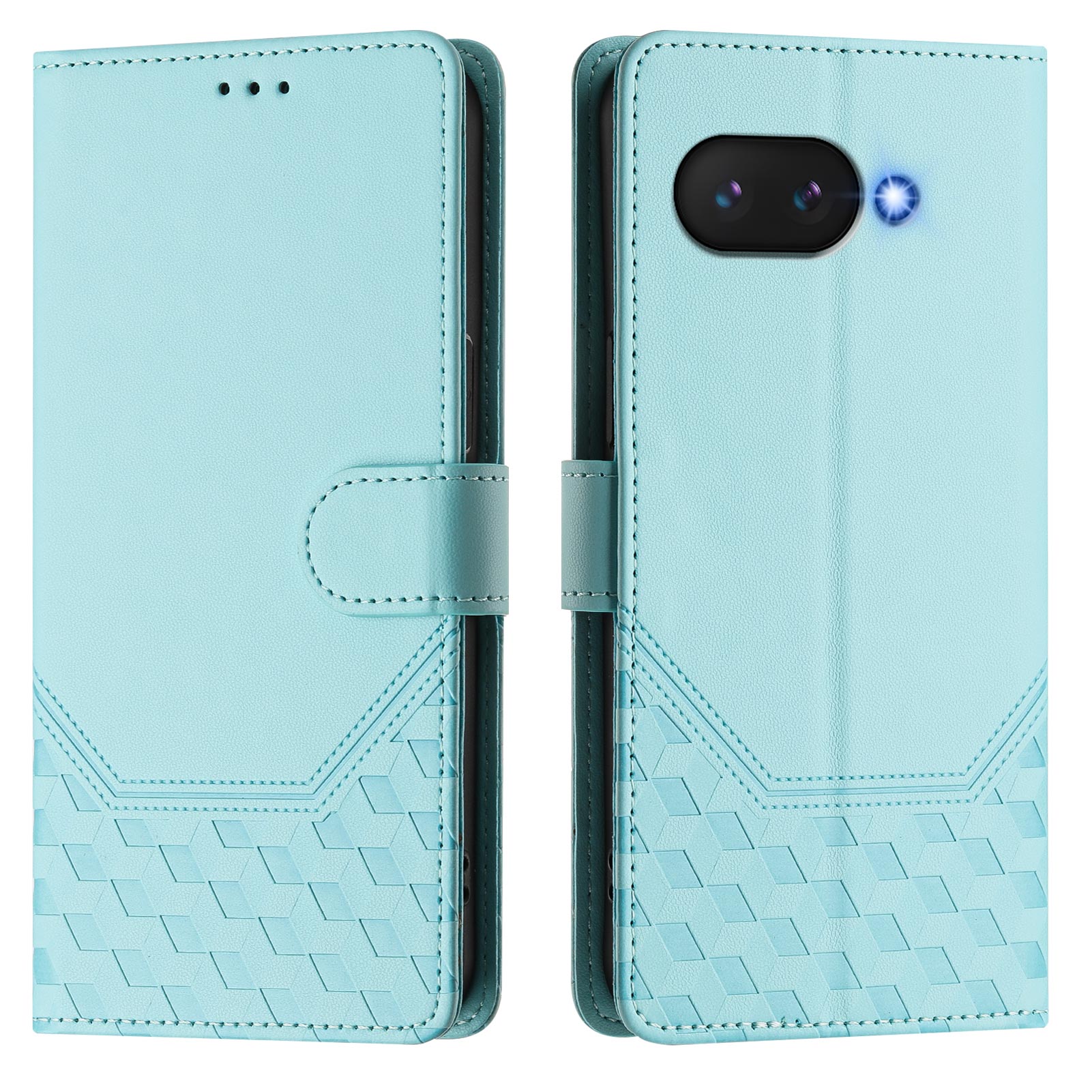 For Google Pixel 9a Case Imprinted Honeycomb RFID Blocking Leather Phone Cover with Strap - Mint Green