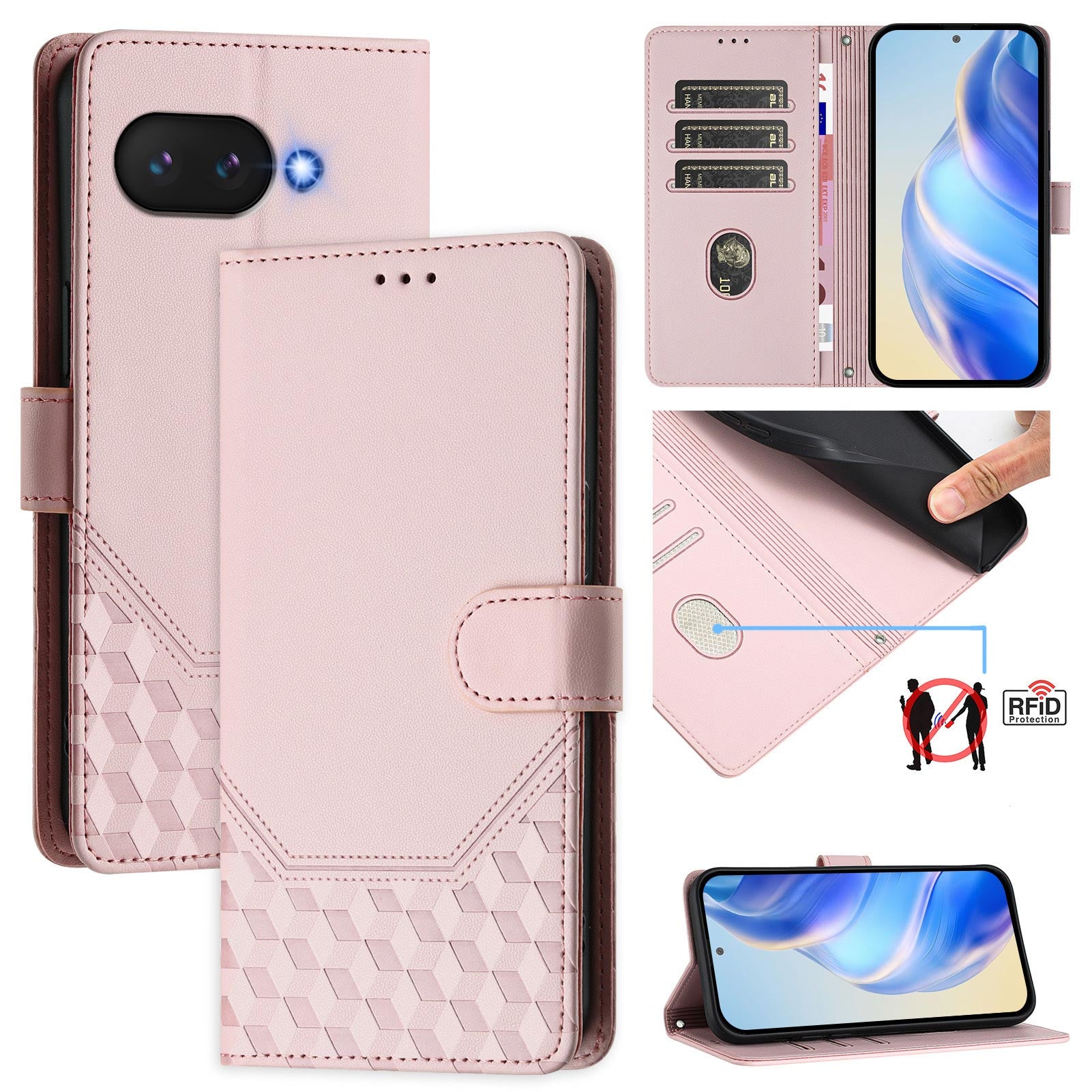 For Google Pixel 9a Case Imprinted Honeycomb RFID Blocking Leather Phone Cover with Strap - Pink