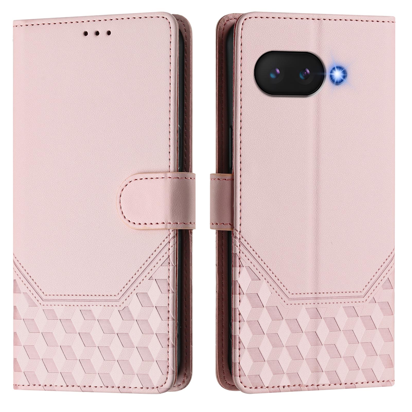 For Google Pixel 9a Case Imprinted Honeycomb RFID Blocking Leather Phone Cover with Strap - Pink