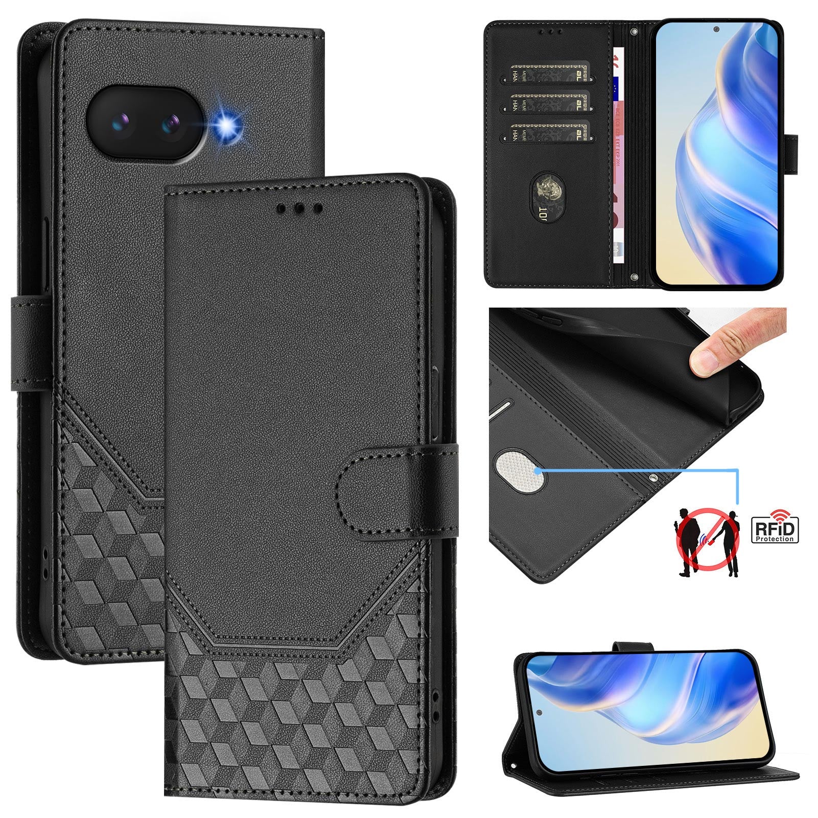 For Google Pixel 9a Case Imprinted Honeycomb RFID Blocking Leather Phone Cover with Strap - Black