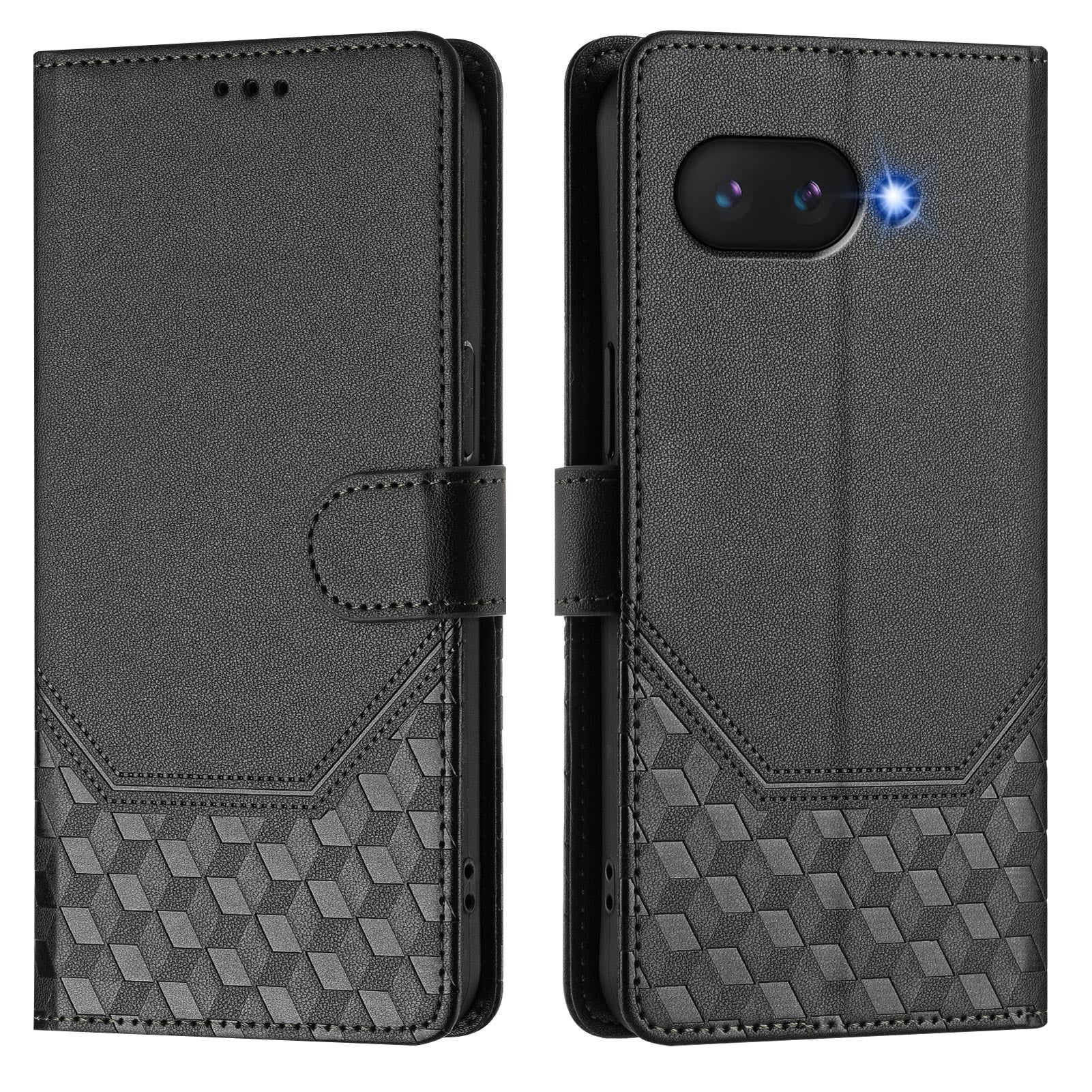 For Google Pixel 9a Case Imprinted Honeycomb RFID Blocking Leather Phone Cover with Strap - Black