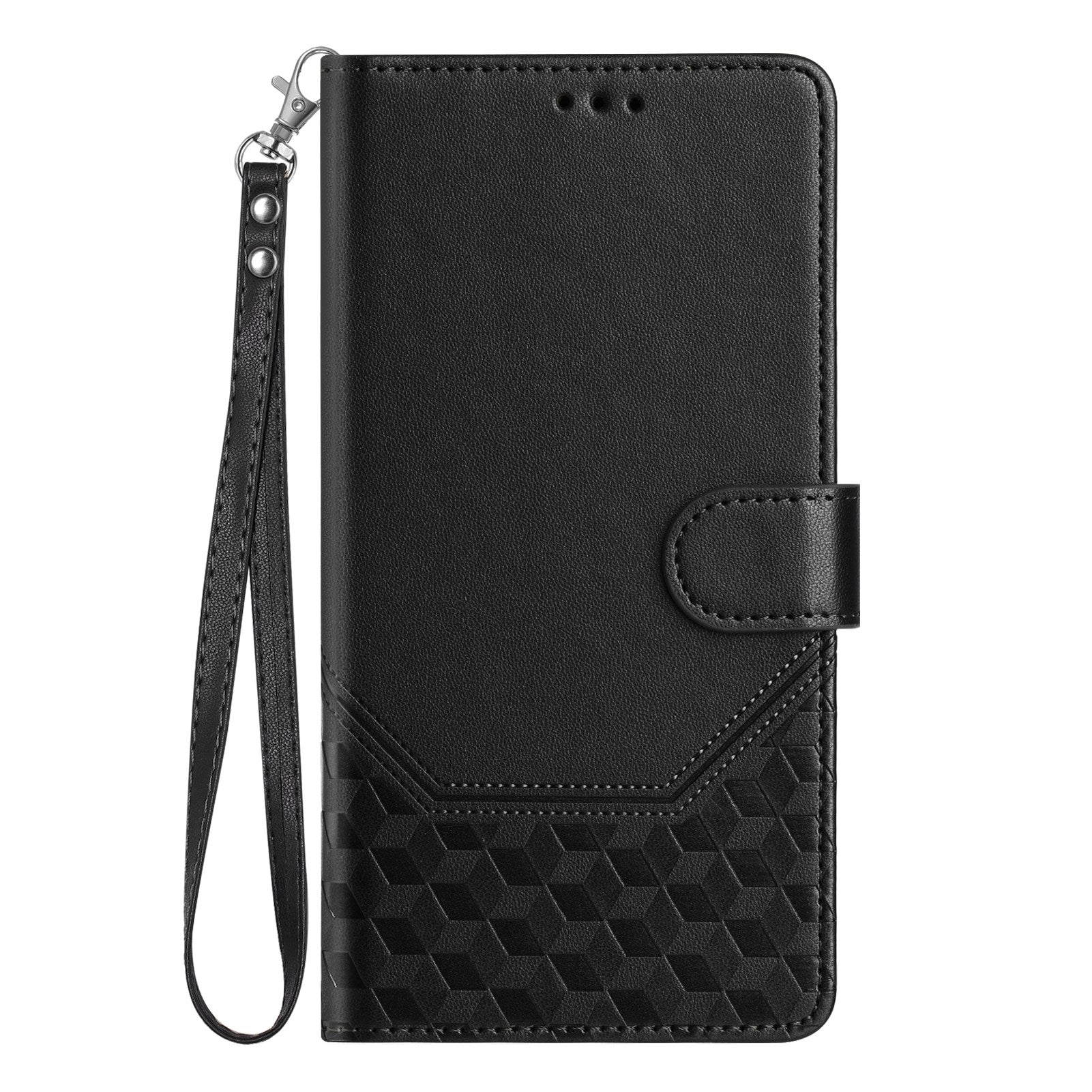 For Google Pixel 9a Case Imprinted Honeycomb RFID Blocking Leather Phone Cover with Strap - Black