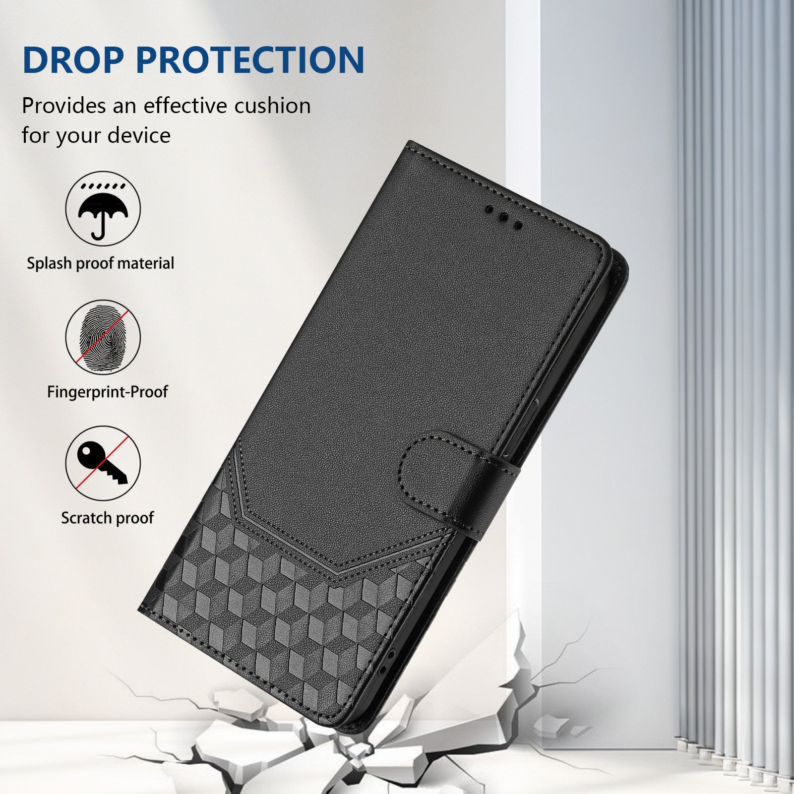 For Google Pixel 9a Case Imprinted Honeycomb RFID Blocking Leather Phone Cover with Strap - Black