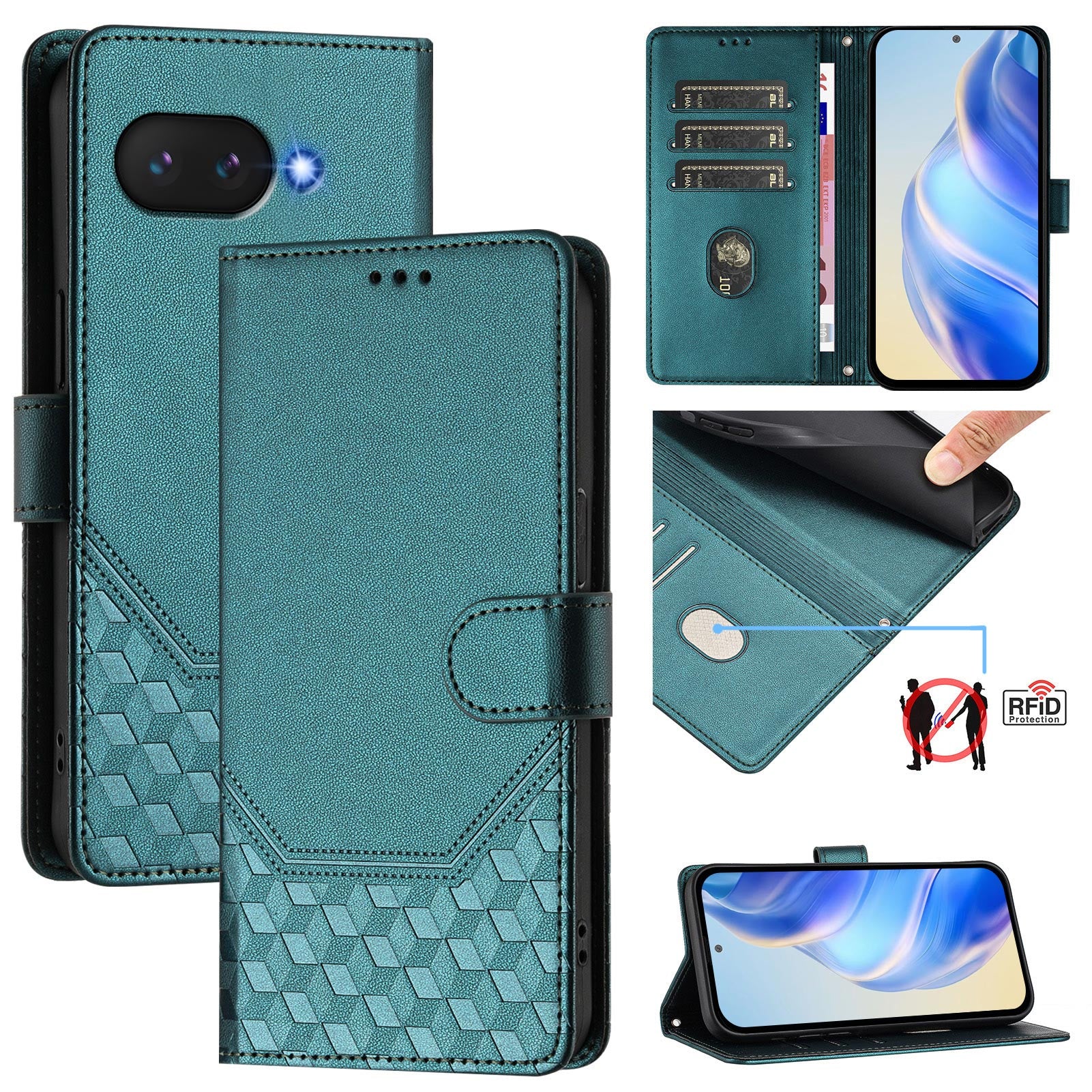 For Google Pixel 9a Case Imprinted Honeycomb RFID Blocking Leather Phone Cover with Strap - Green