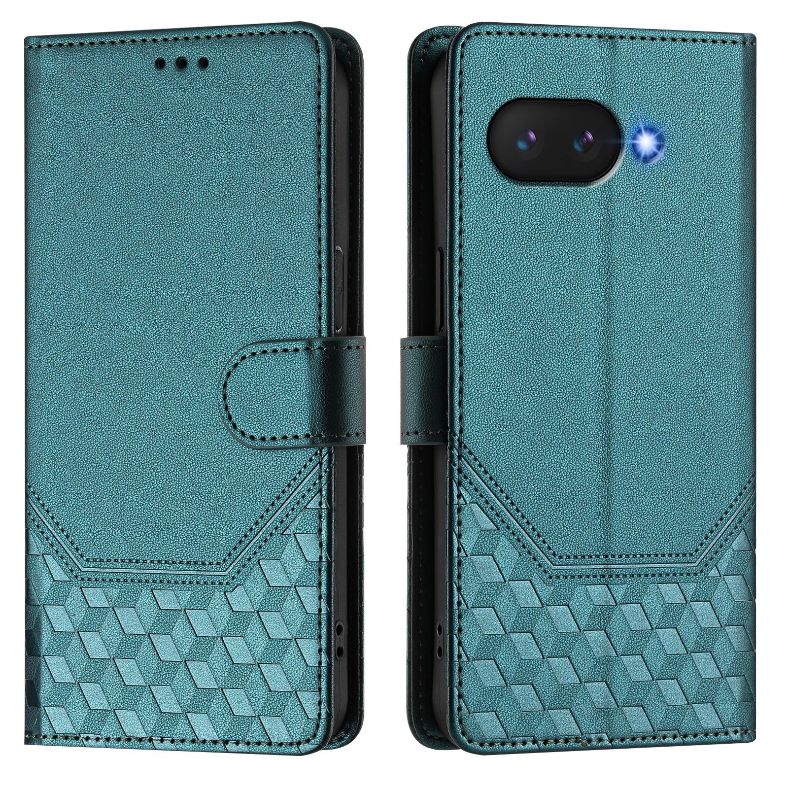 For Google Pixel 9a Case Imprinted Honeycomb RFID Blocking Leather Phone Cover with Strap - Green