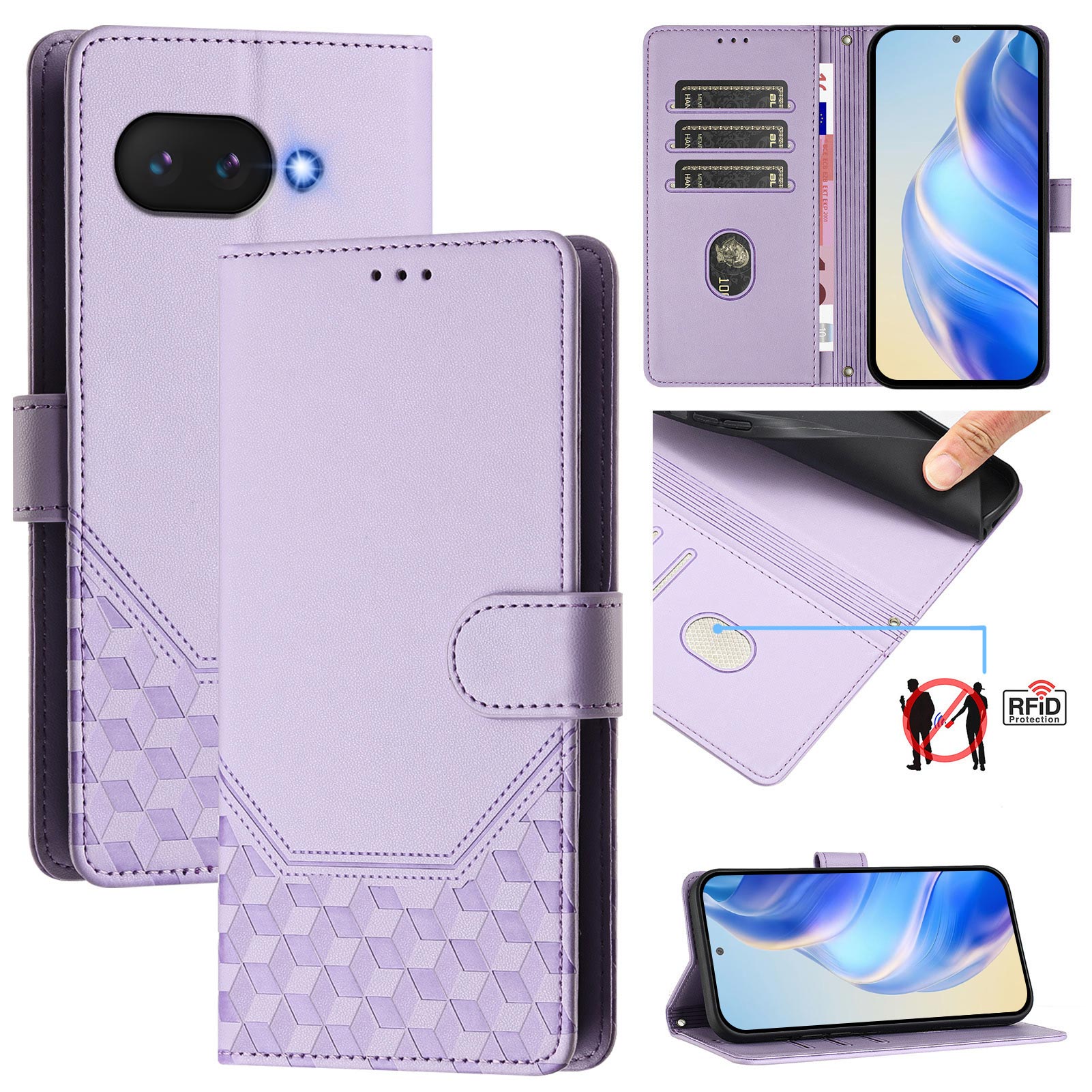 For Google Pixel 9a Case Imprinted Honeycomb RFID Blocking Leather Phone Cover with Strap - Light Purple