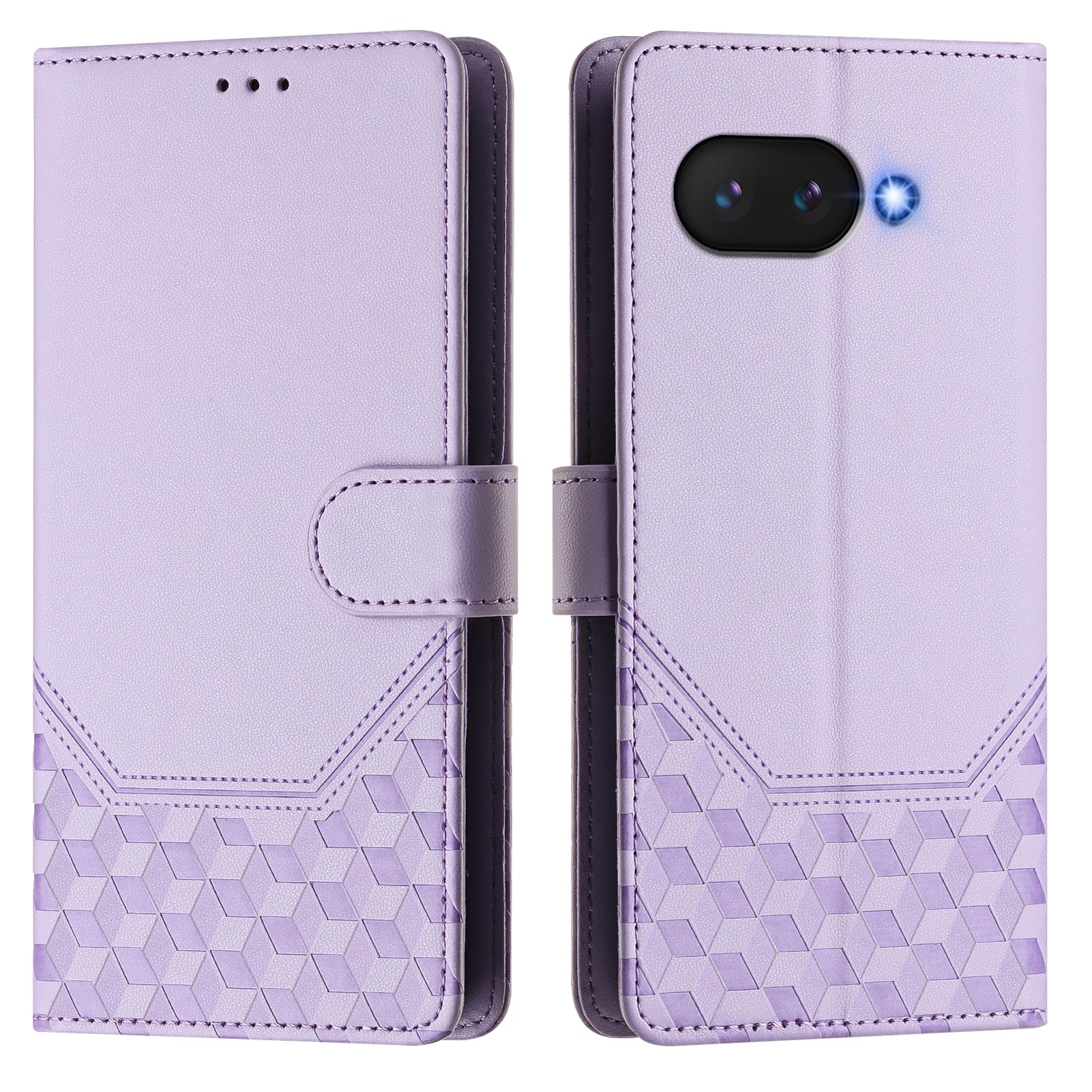 For Google Pixel 9a Case Imprinted Honeycomb RFID Blocking Leather Phone Cover with Strap - Light Purple