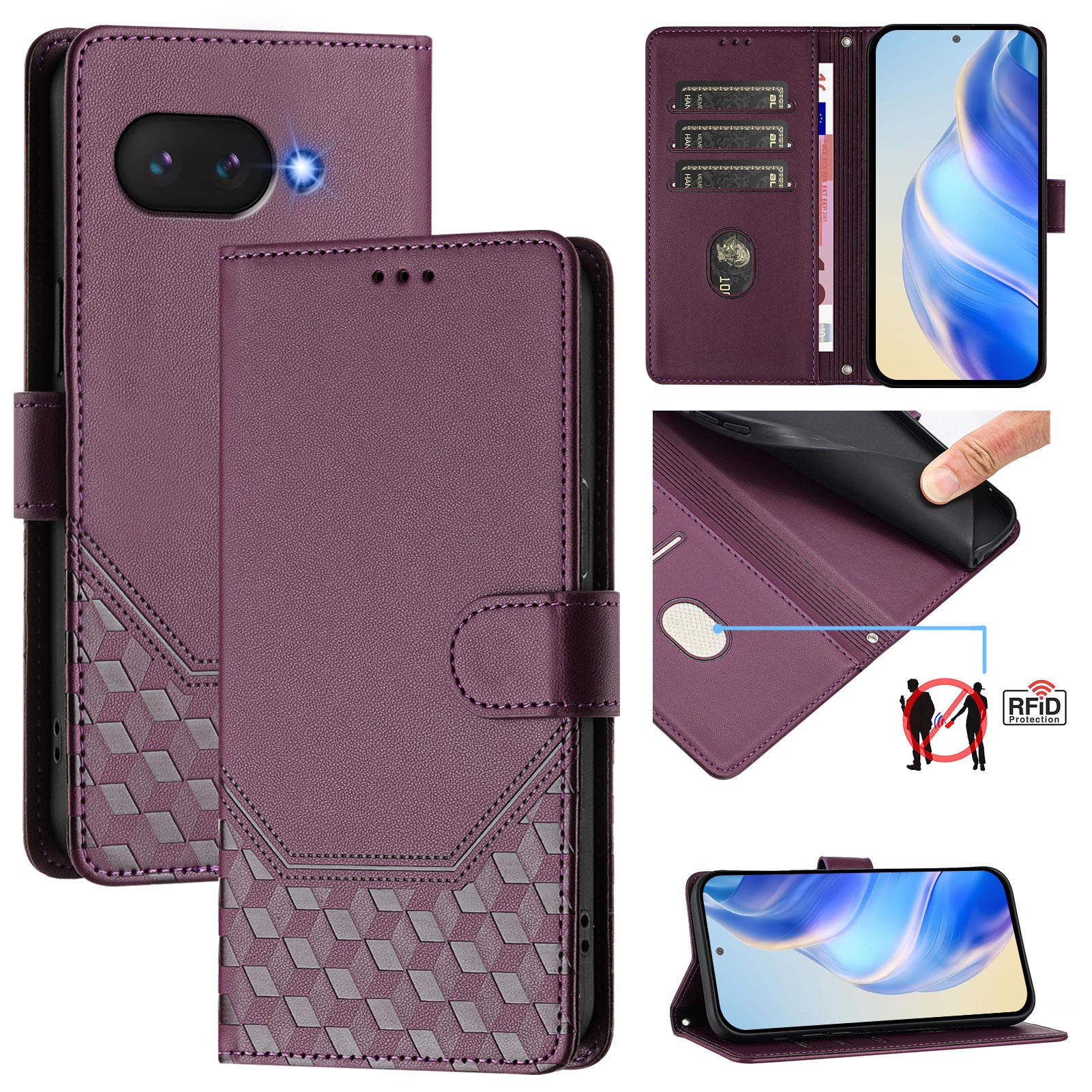 For Google Pixel 9a Case Imprinted Honeycomb RFID Blocking Leather Phone Cover with Strap - Dark Purple