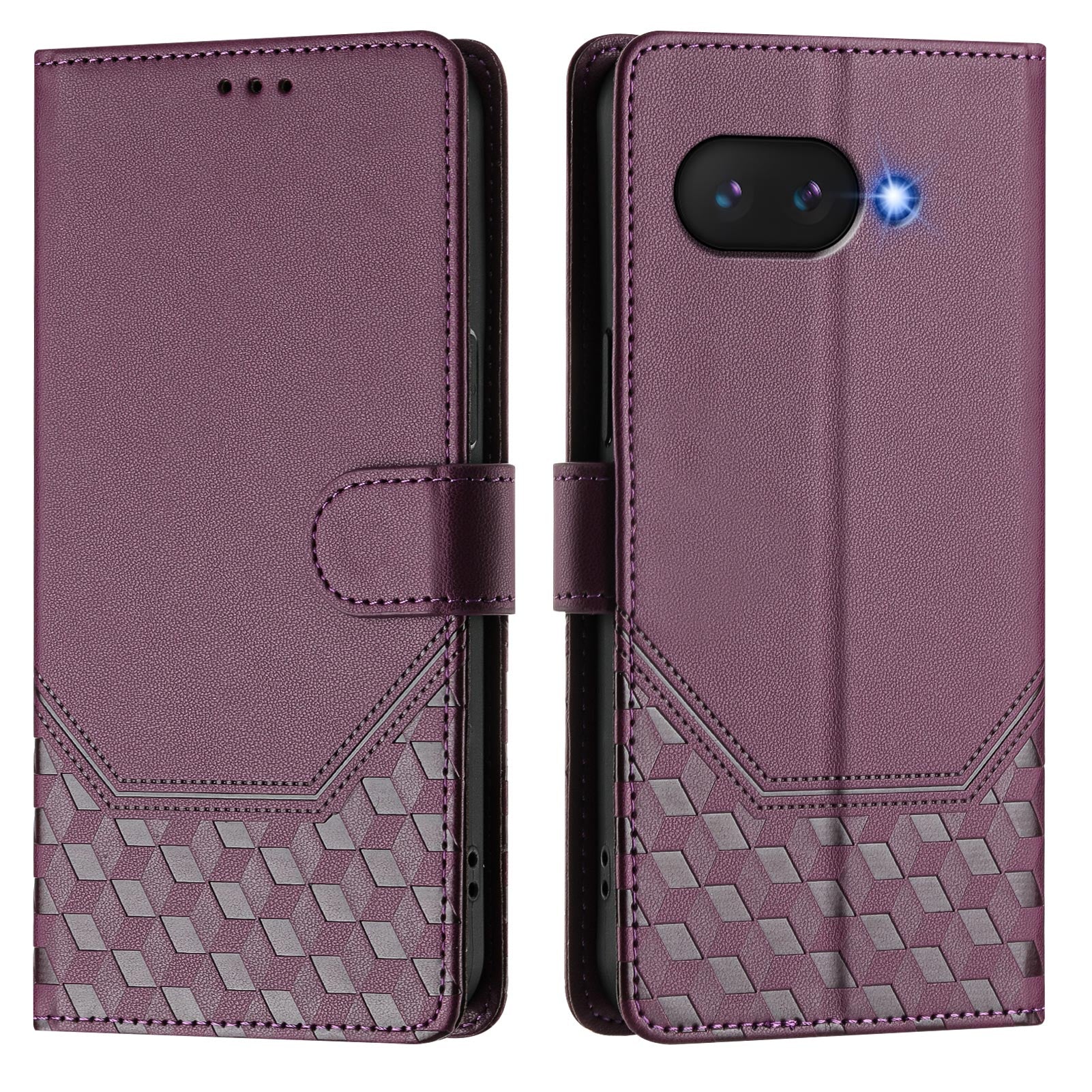 For Google Pixel 9a Case Imprinted Honeycomb RFID Blocking Leather Phone Cover with Strap - Dark Purple