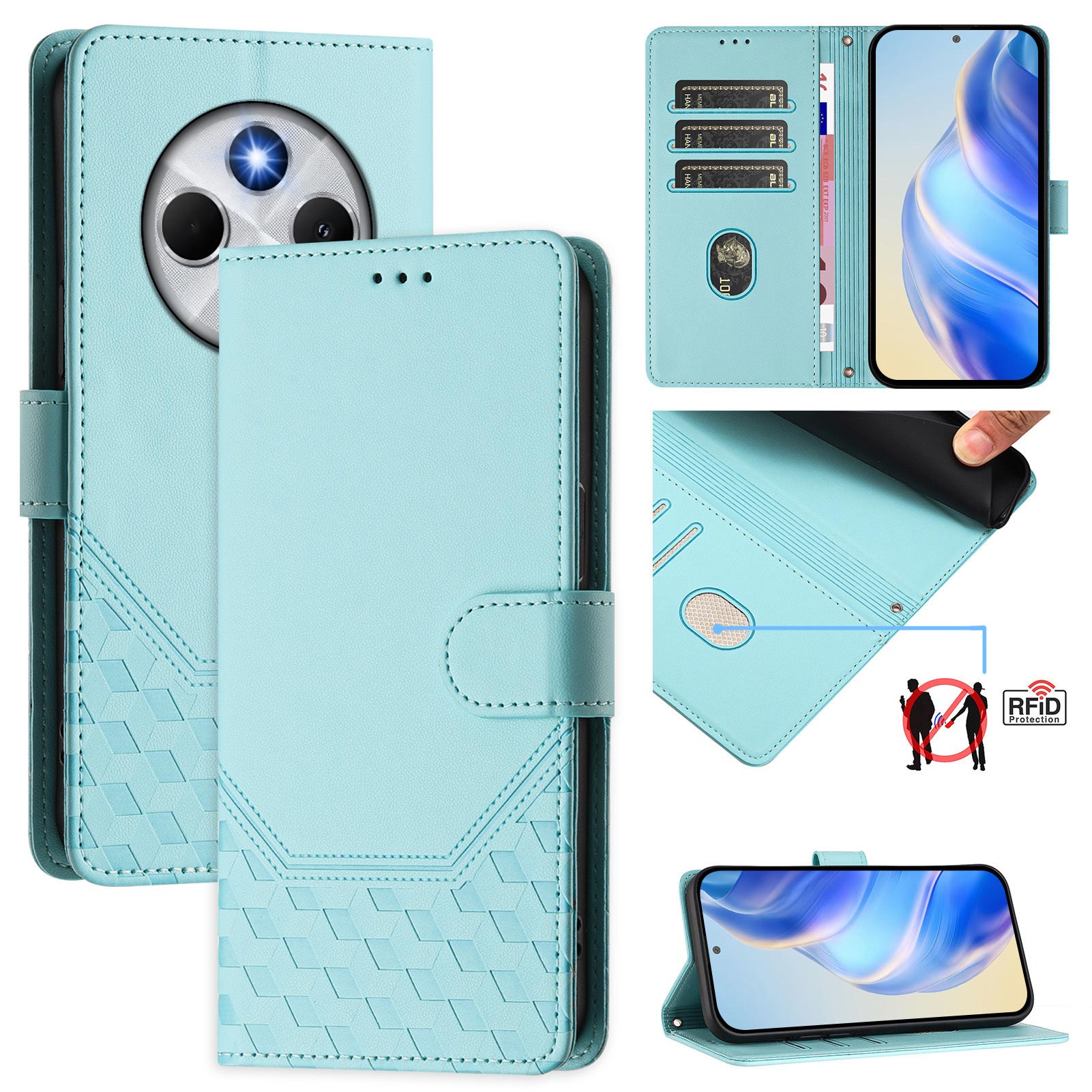 For Xiaomi Poco C75 4G / Xiaomi Redmi 14R 5G / Xiaomi Redmi 14C 4G Case Imprinted Honeycomb RFID Blocking Leather Phone Cover with Strap - Mint Green