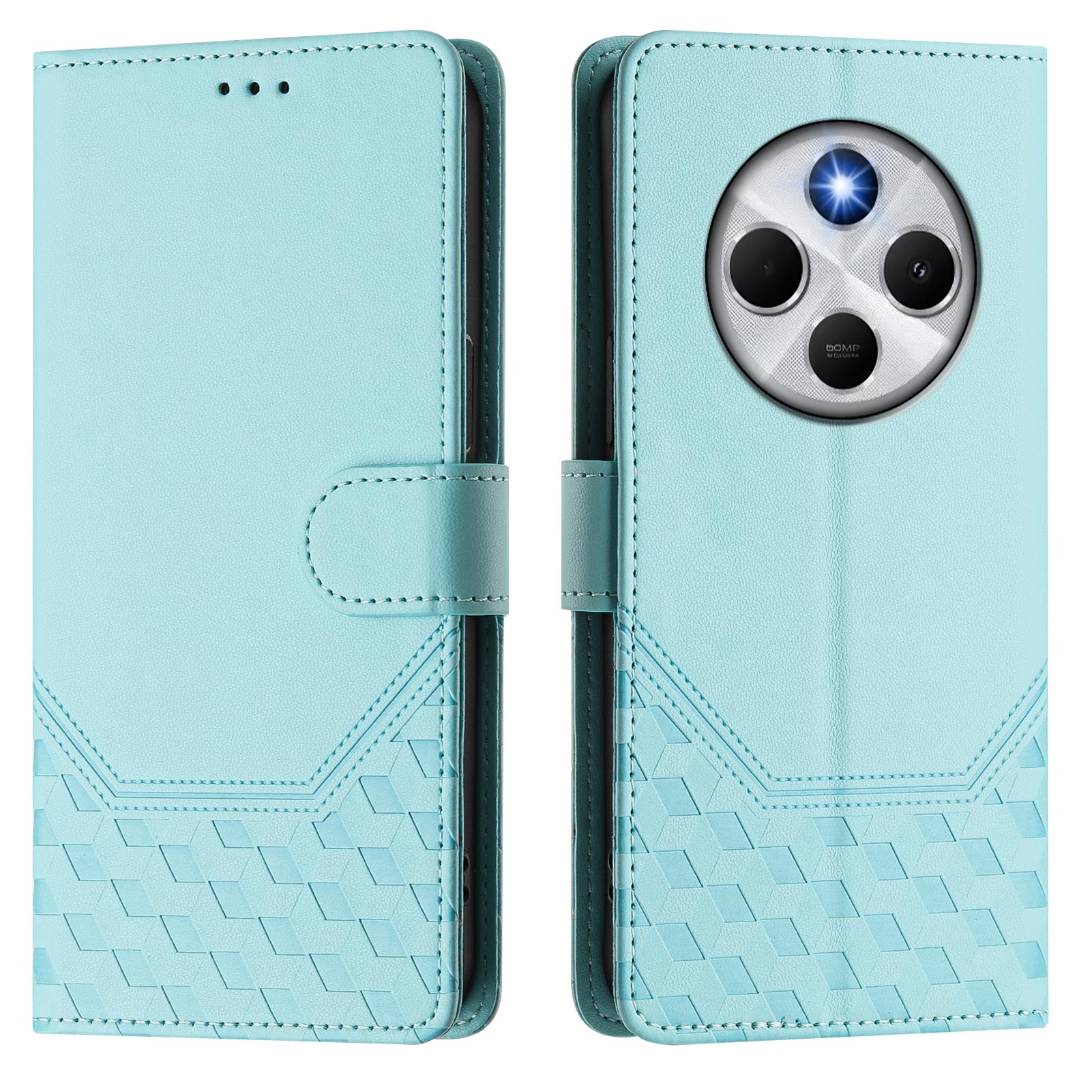 For Xiaomi Poco C75 4G / Xiaomi Redmi 14R 5G / Xiaomi Redmi 14C 4G Case Imprinted Honeycomb RFID Blocking Leather Phone Cover with Strap - Mint Green