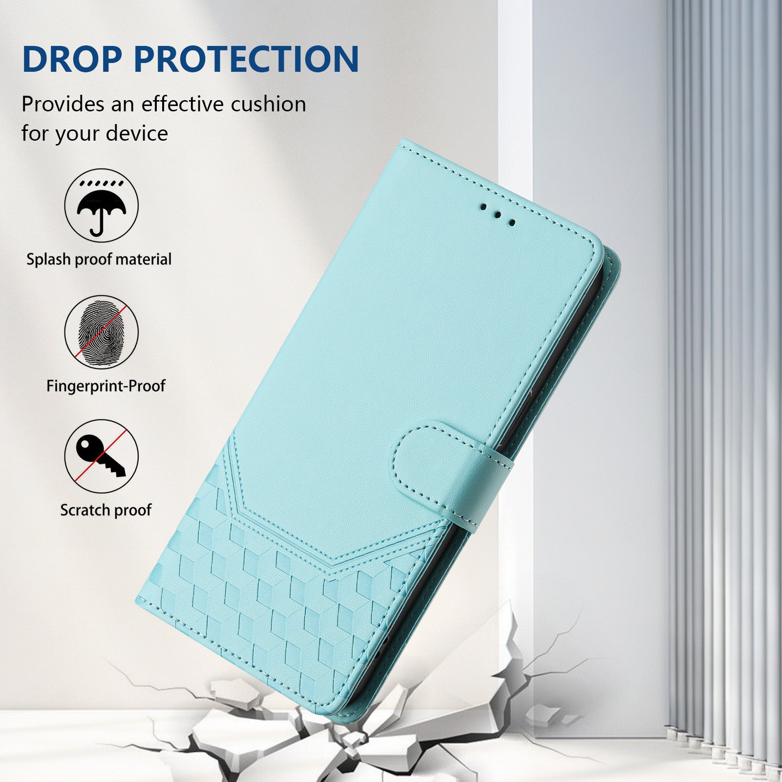 For Xiaomi Poco C75 4G / Xiaomi Redmi 14R 5G / Xiaomi Redmi 14C 4G Case Imprinted Honeycomb RFID Blocking Leather Phone Cover with Strap - Mint Green