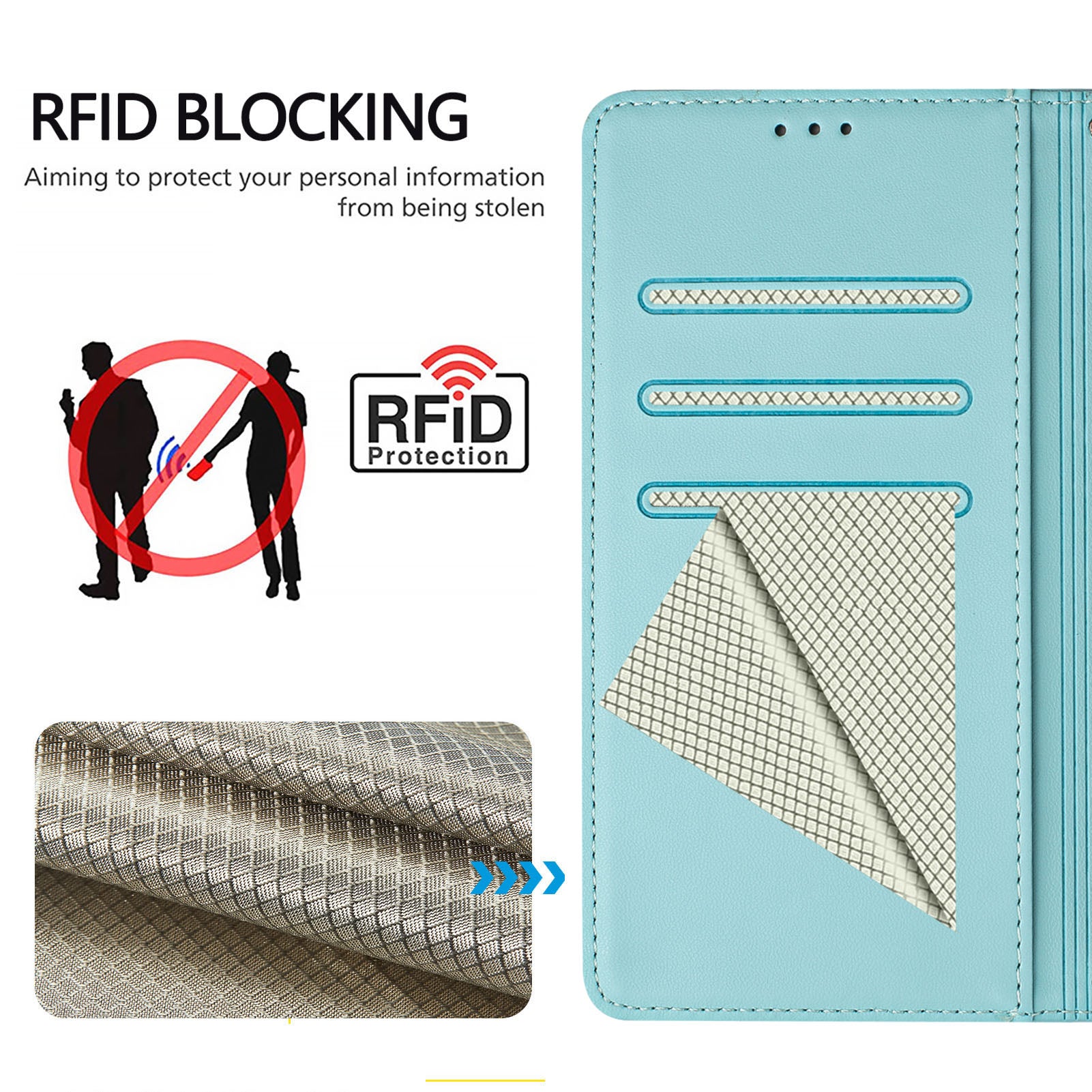 For Xiaomi Poco C75 4G / Xiaomi Redmi 14R 5G / Xiaomi Redmi 14C 4G Case Imprinted Honeycomb RFID Blocking Leather Phone Cover with Strap - Mint Green