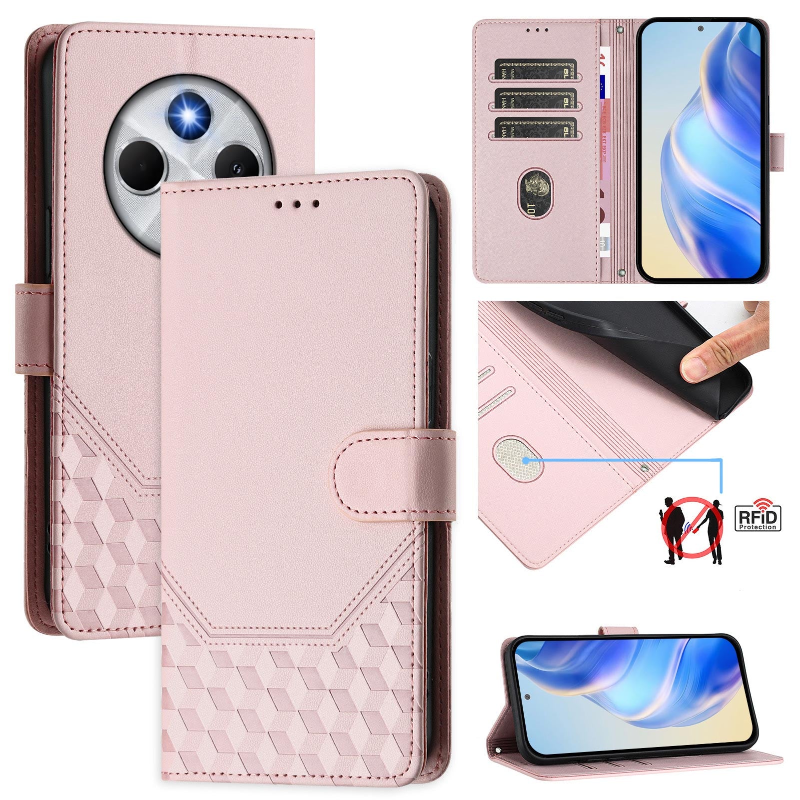 For Xiaomi Poco C75 4G / Xiaomi Redmi 14R 5G / Xiaomi Redmi 14C 4G Case Imprinted Honeycomb RFID Blocking Leather Phone Cover with Strap - Pink