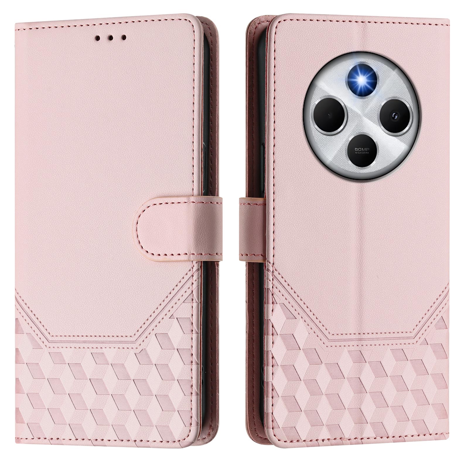 For Xiaomi Poco C75 4G / Xiaomi Redmi 14R 5G / Xiaomi Redmi 14C 4G Case Imprinted Honeycomb RFID Blocking Leather Phone Cover with Strap - Pink