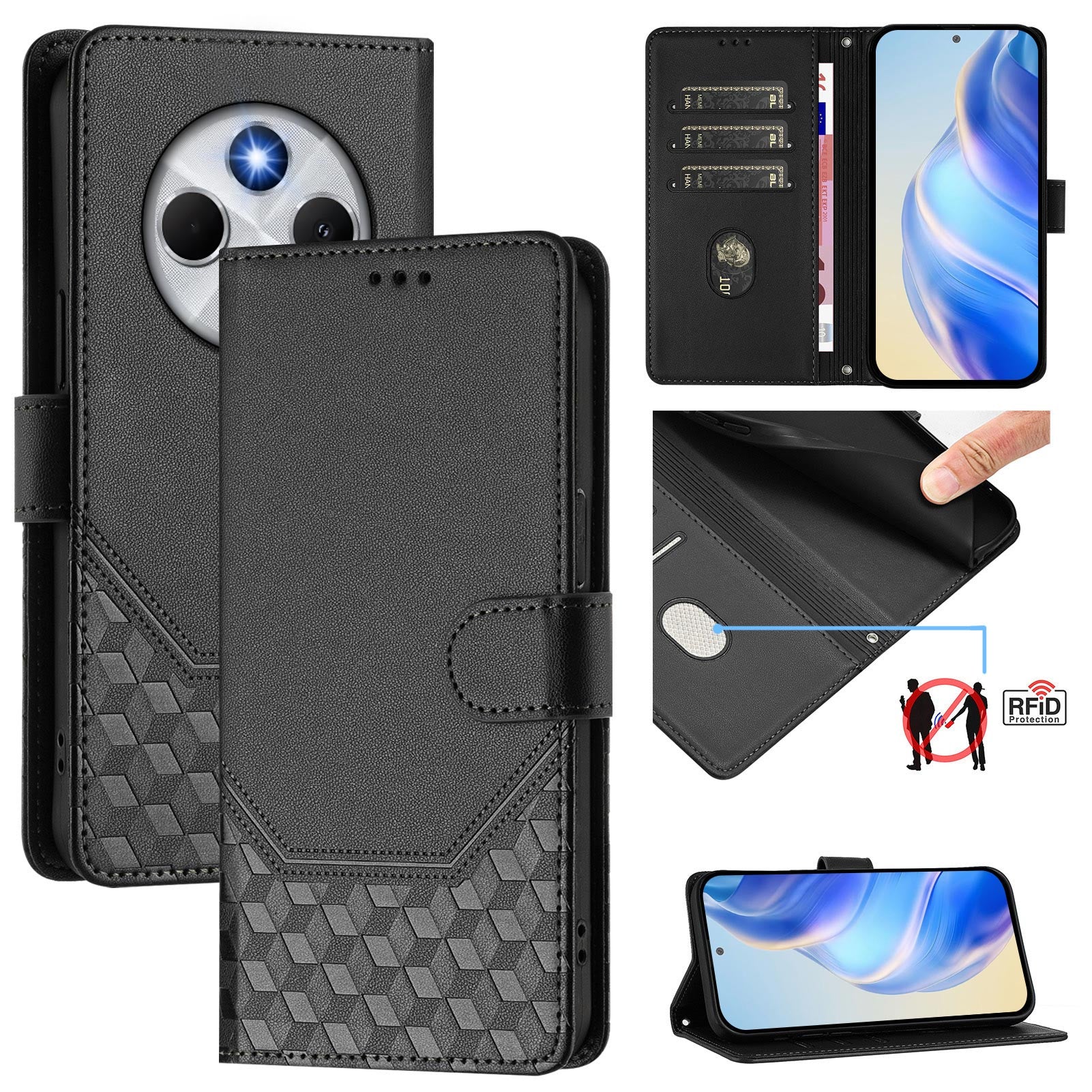 For Xiaomi Poco C75 4G / Xiaomi Redmi 14R 5G / Xiaomi Redmi 14C 4G Case Imprinted Honeycomb RFID Blocking Leather Phone Cover with Strap - Black