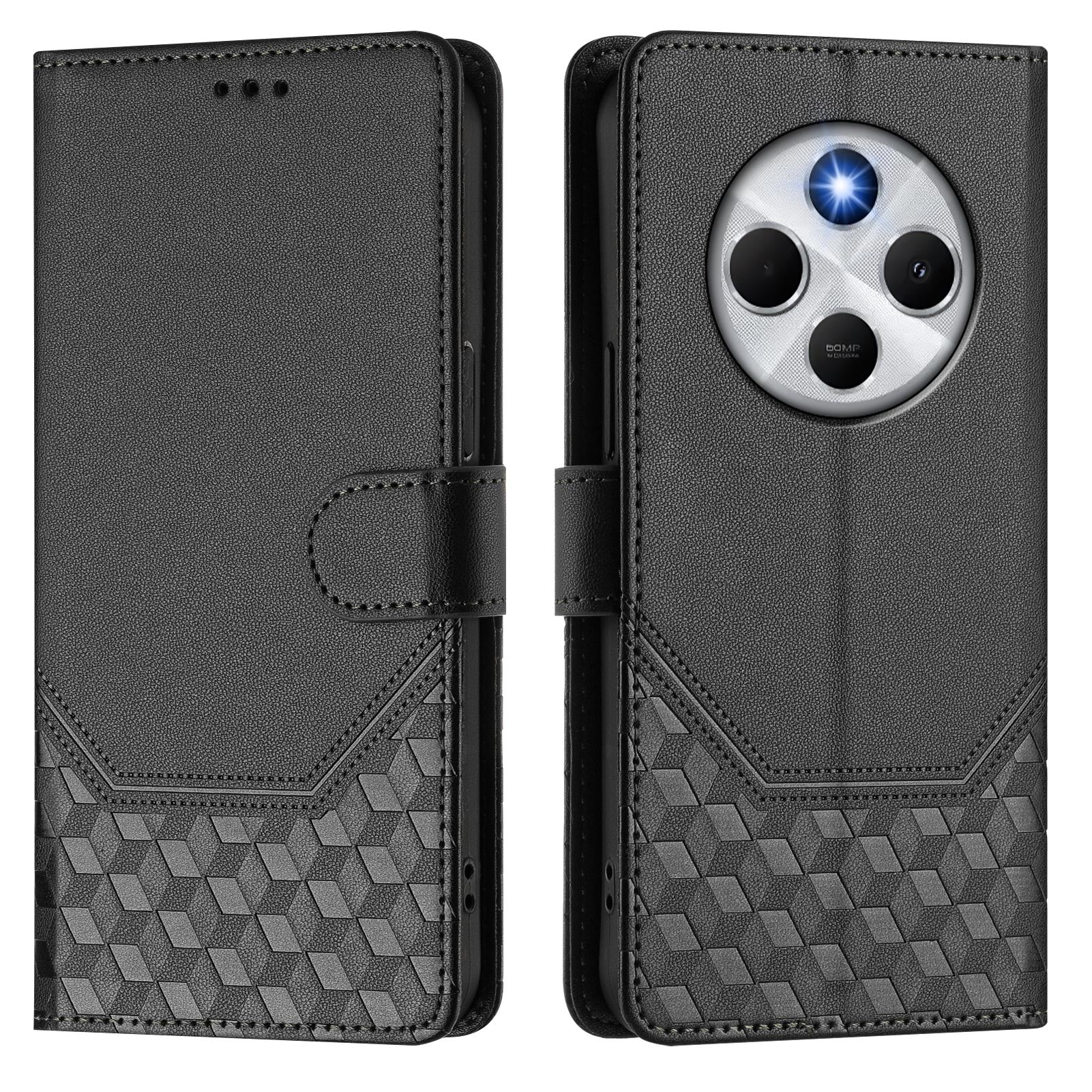 For Xiaomi Poco C75 4G / Xiaomi Redmi 14R 5G / Xiaomi Redmi 14C 4G Case Imprinted Honeycomb RFID Blocking Leather Phone Cover with Strap - Black