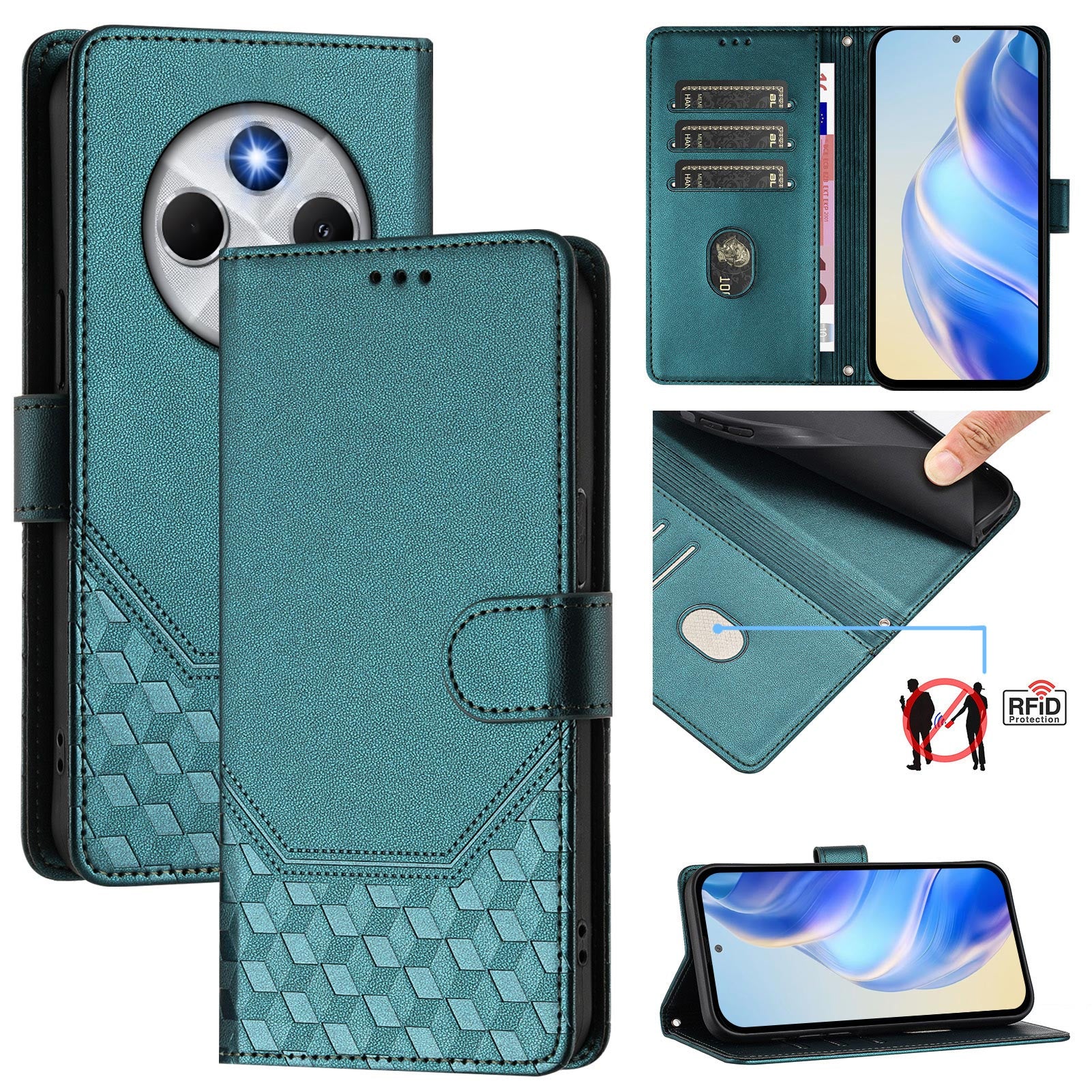 For Xiaomi Poco C75 4G / Xiaomi Redmi 14R 5G / Xiaomi Redmi 14C 4G Case Imprinted Honeycomb RFID Blocking Leather Phone Cover with Strap - Green