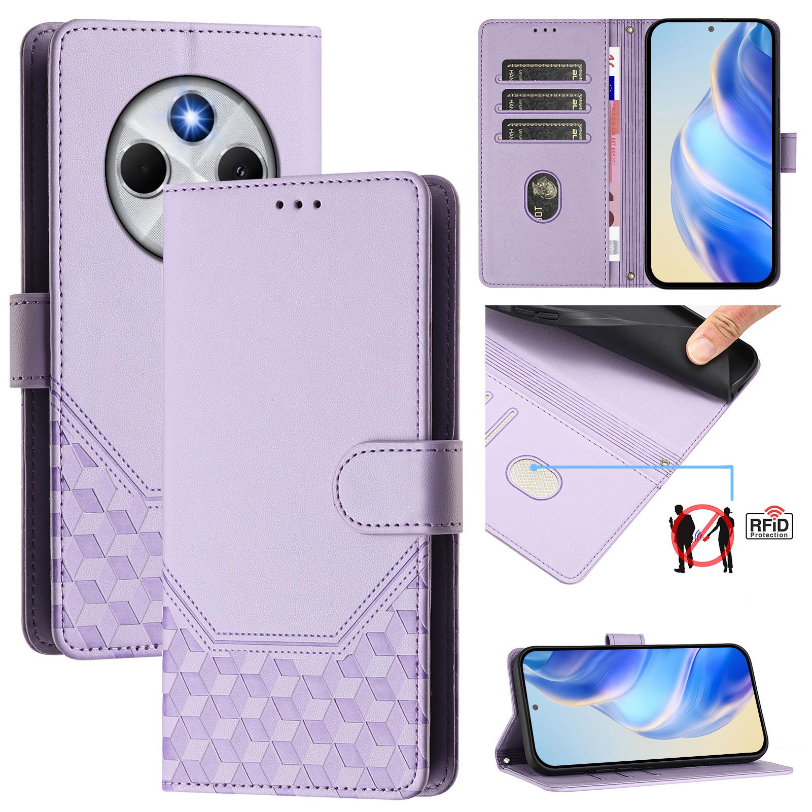 For Xiaomi Poco C75 4G / Xiaomi Redmi 14R 5G / Xiaomi Redmi 14C 4G Case Imprinted Honeycomb RFID Blocking Leather Phone Cover with Strap - Light Purple