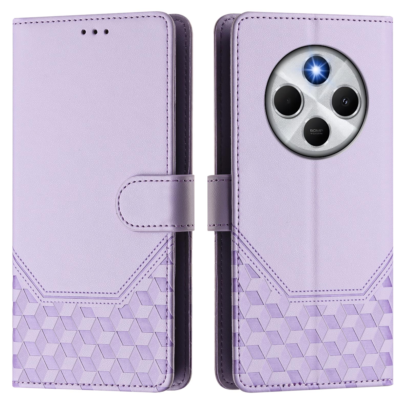 For Xiaomi Poco C75 4G / Xiaomi Redmi 14R 5G / Xiaomi Redmi 14C 4G Case Imprinted Honeycomb RFID Blocking Leather Phone Cover with Strap - Light Purple