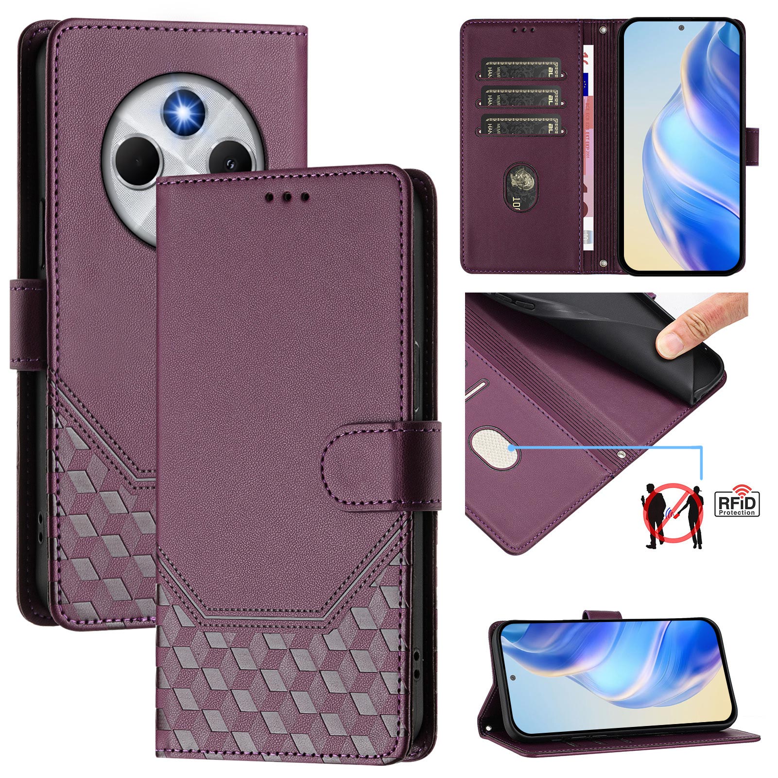 For Xiaomi Poco C75 4G / Xiaomi Redmi 14R 5G / Xiaomi Redmi 14C 4G Case Imprinted Honeycomb RFID Blocking Leather Phone Cover with Strap - Dark Purple