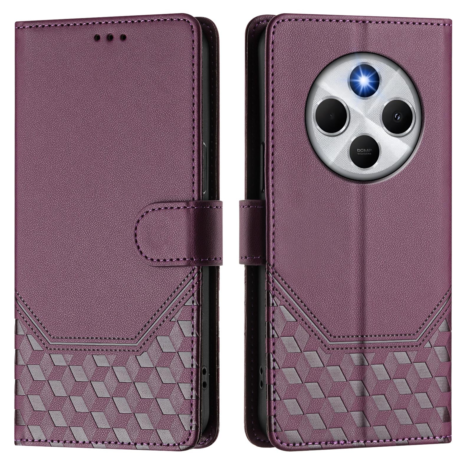 For Xiaomi Poco C75 4G / Xiaomi Redmi 14R 5G / Xiaomi Redmi 14C 4G Case Imprinted Honeycomb RFID Blocking Leather Phone Cover with Strap - Dark Purple