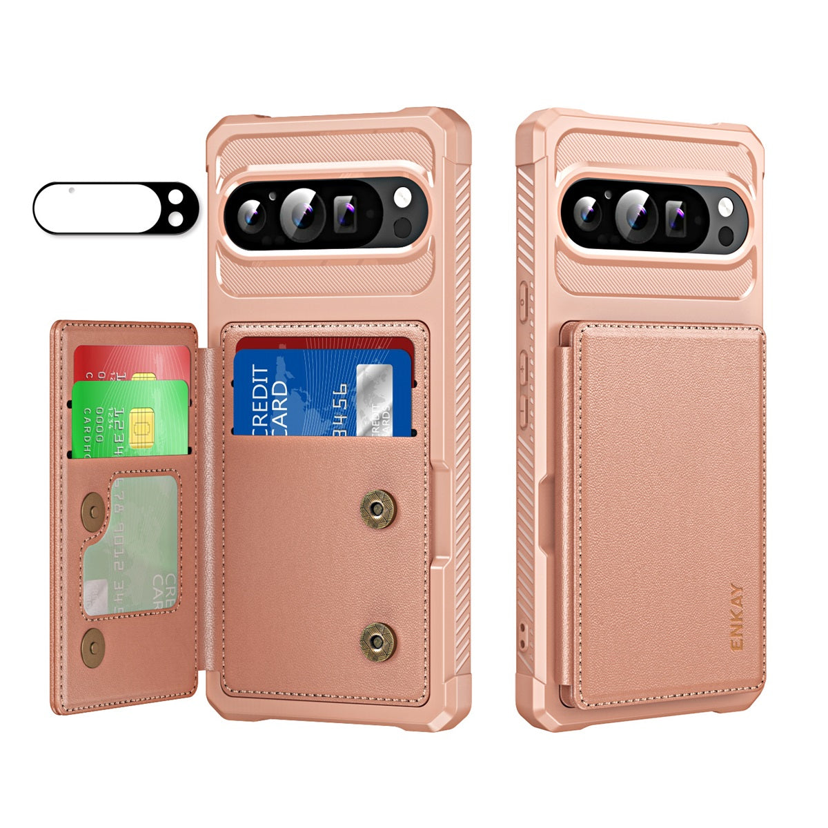 For Google Pixel 9 Pro XL ENKAY Hat-Prince Wallet Card Slot Kickstand PU Leather +TPU Back Phone Cover with Camera Lens Film - Rose Gold