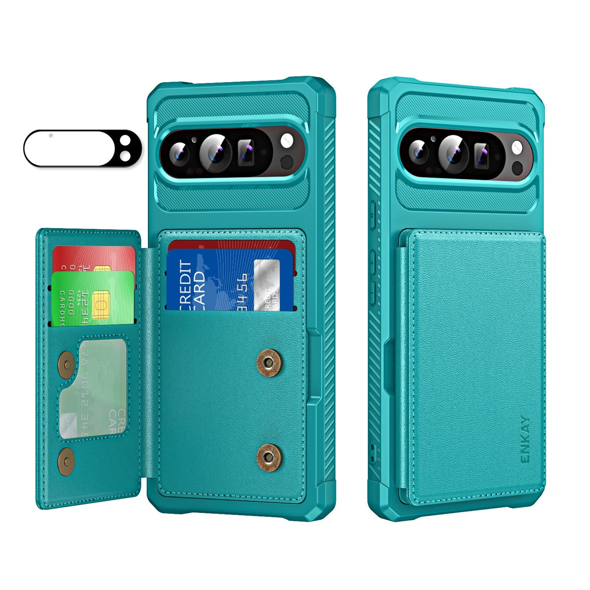 For Google Pixel 9 Pro XL ENKAY Hat-Prince Wallet Card Slot Kickstand PU Leather +TPU Back Phone Cover with Camera Lens Film - Cyan