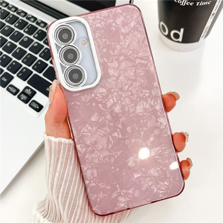 For Samsung Galaxy A16 4G / 5G Case IMD Design Shockproof PC+TPU Phone Cover with Glass Lens Film - Shell Pattern / Pink