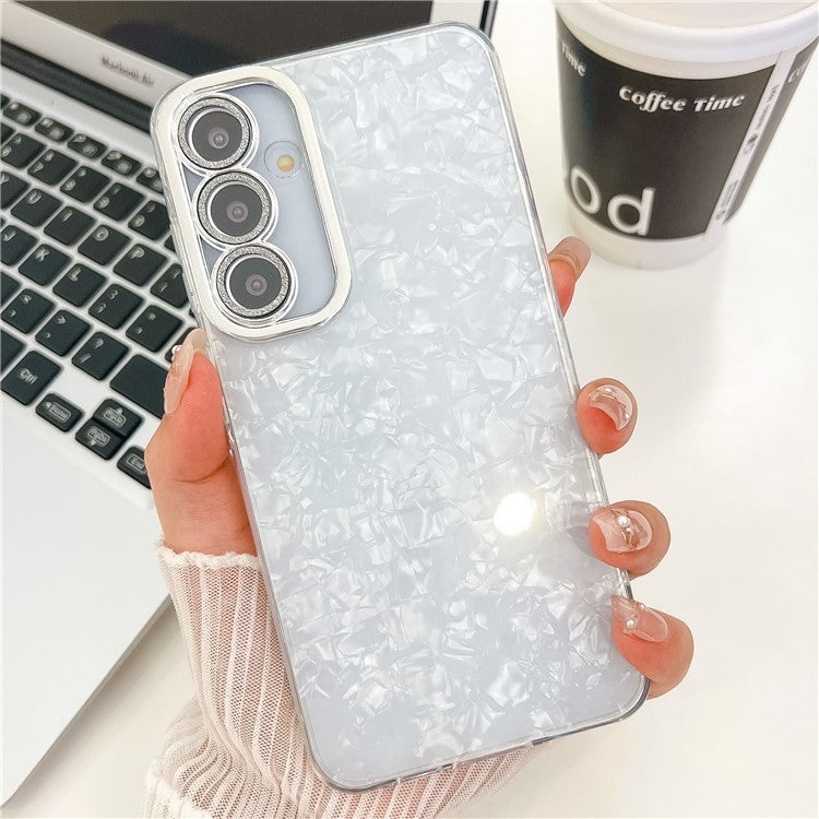 For Samsung Galaxy A36 5G Case IMD Design Shockproof PC+TPU Phone Cover with Glass Lens Film - Shell Pattern / White